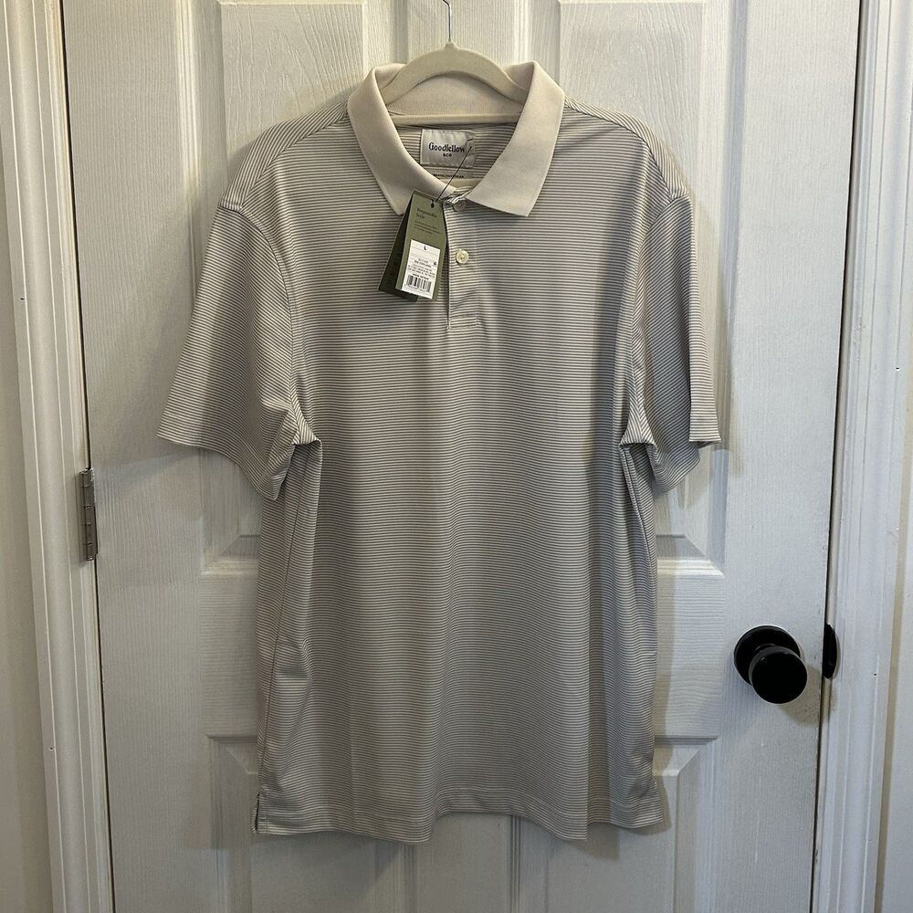 NWT Goodfellow & Co Men's Beige Stripe Polo Short Sleeve Shirt Size Large